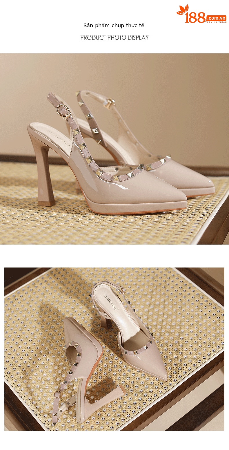 Sandal cao gót nữ mũi nhọn hở mũi, gót nhọn đinh tán, đế chống thấm nước — Xanh lam nhạt chi tiết 7