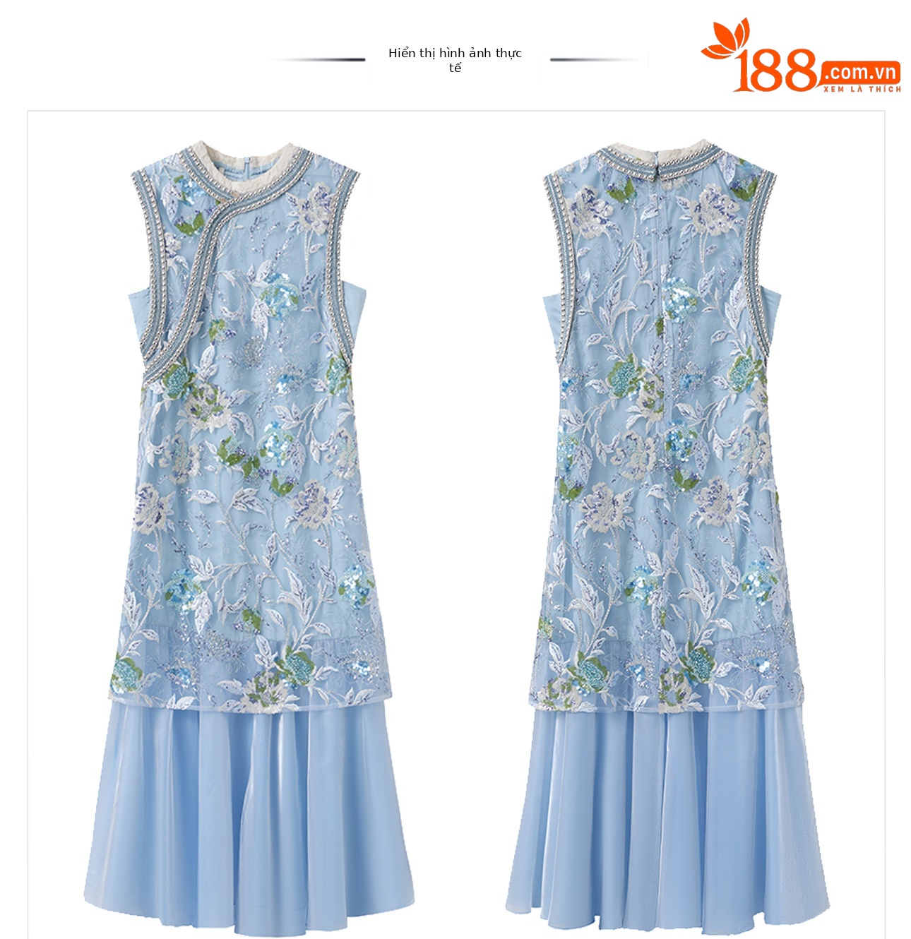 Váy sườn xám maxi thêu sequin phong cách Trung Quốc mới mùa hè N5042 — hồng, Xanh lam sông băng chi tiết 33