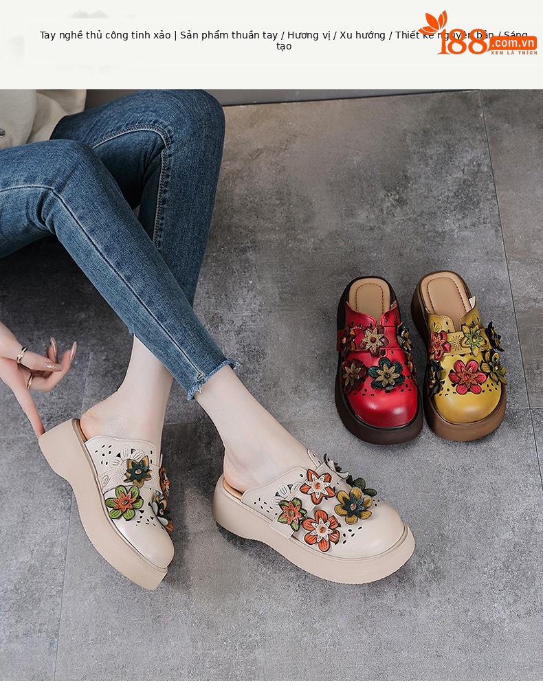 Dép sandal nữ đế dày da thật, quai chữ V đơn giản, túi hoa đi bên ngoài — Màu trắng be chi tiết 1