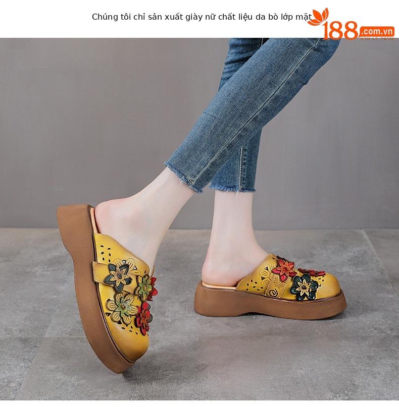 Dép sandal nữ đế dày da thật, quai chữ V đơn giản, túi hoa đi bên ngoài — Màu trắng be chi tiết 2