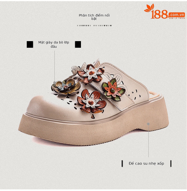 Dép sandal nữ đế dày da thật, quai chữ V đơn giản, túi hoa đi bên ngoài — Màu trắng be chi tiết 3