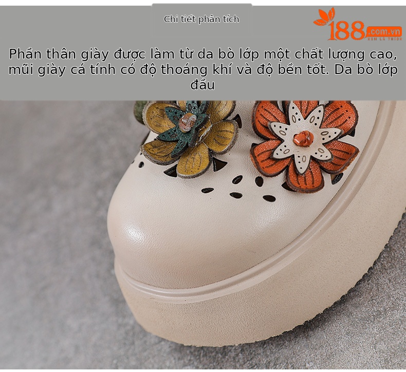 Dép sandal nữ đế dày da thật, quai chữ V đơn giản, túi hoa đi bên ngoài — Màu trắng be chi tiết 4
