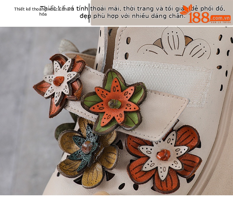 Dép sandal nữ đế dày da thật, quai chữ V đơn giản, túi hoa đi bên ngoài — Màu trắng be chi tiết 5