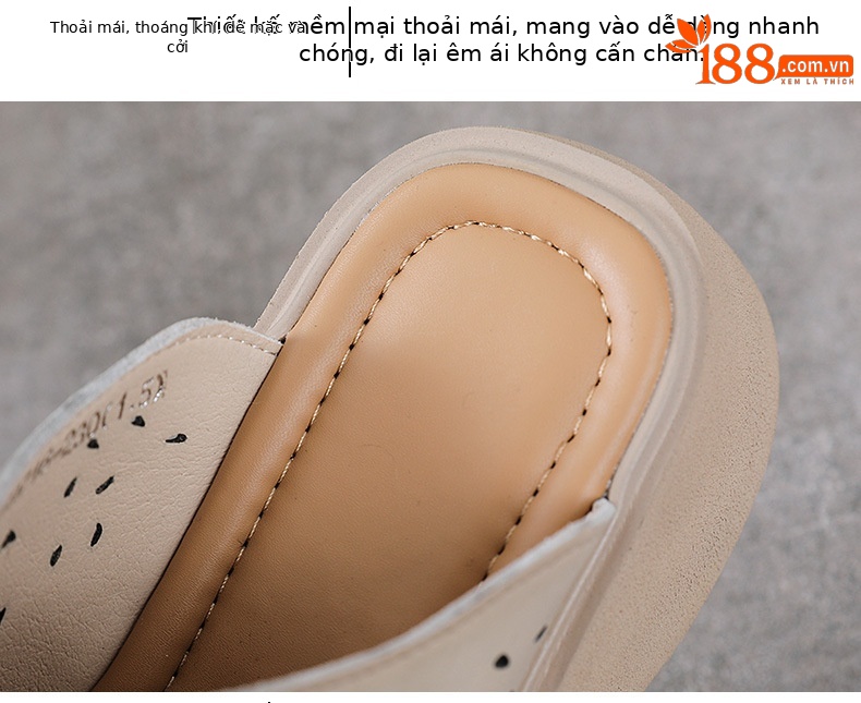 Dép sandal nữ đế dày da thật, quai chữ V đơn giản, túi hoa đi bên ngoài — Màu trắng be chi tiết 6
