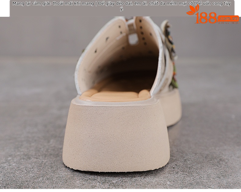 Dép sandal nữ đế dày da thật, quai chữ V đơn giản, túi hoa đi bên ngoài — Màu trắng be chi tiết 8