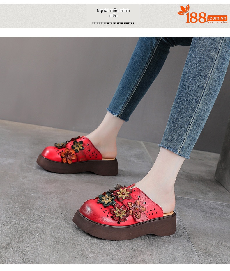 Dép sandal nữ đế dày da thật, quai chữ V đơn giản, túi hoa đi bên ngoài — Màu trắng be chi tiết 9