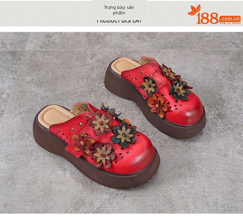 Dép sandal nữ đế dày da thật, quai chữ V đơn giản, túi hoa đi bên ngoài — Màu trắng be chi tiết 10