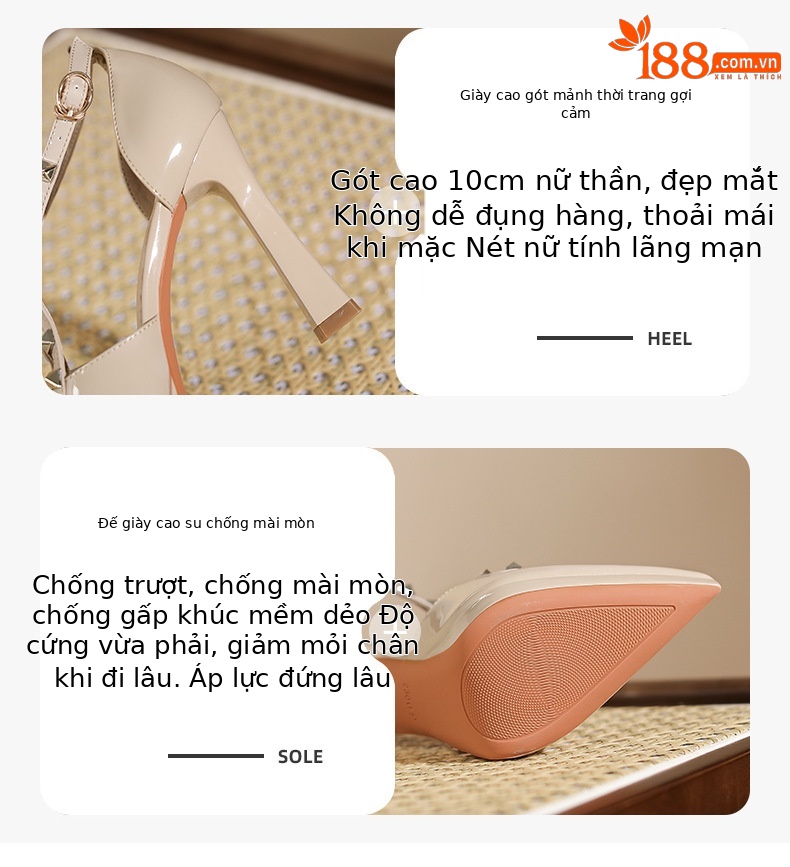 Giày cao gót mũi nhọn đinh tán chéo, thiết kế rỗng thoáng khí, gót nhọn — Đỏ rượu chi tiết 2