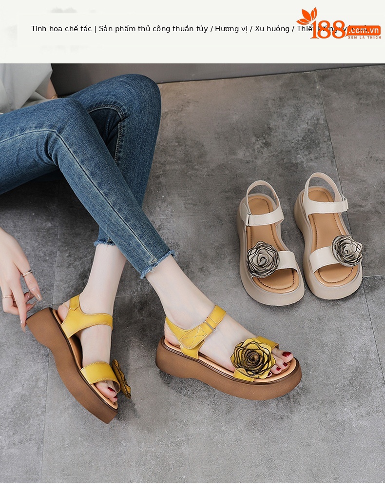 Sandal hở mũi nữ da bò thật đế dày phong cách La Mã cổ điển — Màu trắng be chi tiết 1