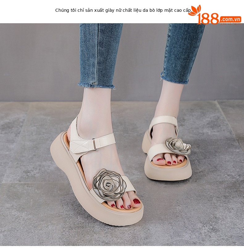 Sandal hở mũi nữ da bò thật đế dày phong cách La Mã cổ điển — Màu trắng be chi tiết 2
