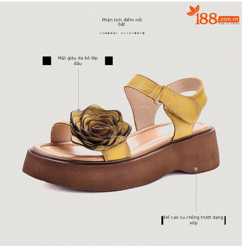Sandal hở mũi nữ da bò thật đế dày phong cách La Mã cổ điển — Màu trắng be chi tiết 3
