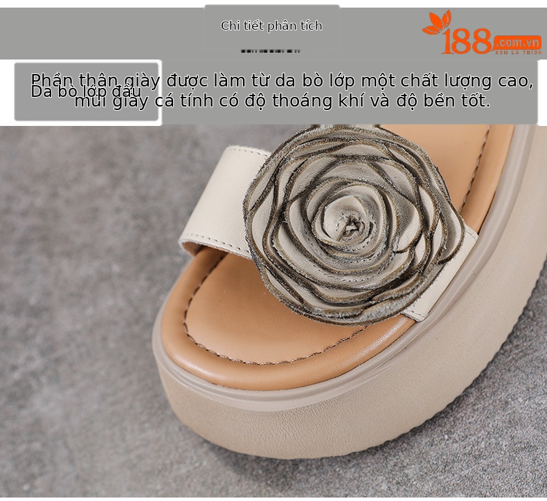 Sandal hở mũi nữ da bò thật đế dày phong cách La Mã cổ điển — Màu trắng be chi tiết 4