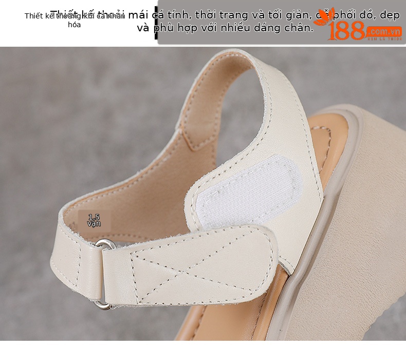 Sandal hở mũi nữ da bò thật đế dày phong cách La Mã cổ điển — Màu trắng be chi tiết 5