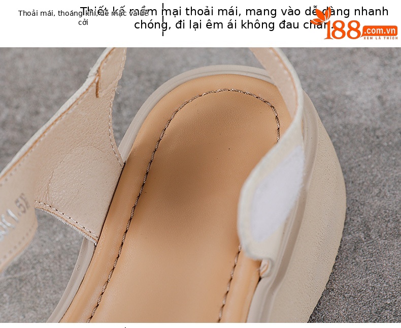 Sandal hở mũi nữ da bò thật đế dày phong cách La Mã cổ điển — Màu trắng be chi tiết 6