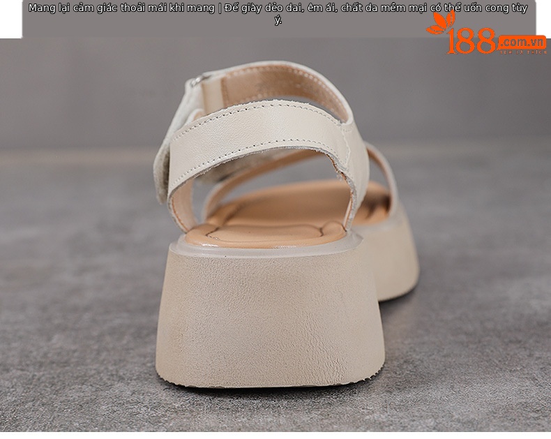 Sandal hở mũi nữ da bò thật đế dày phong cách La Mã cổ điển — Màu trắng be chi tiết 8
