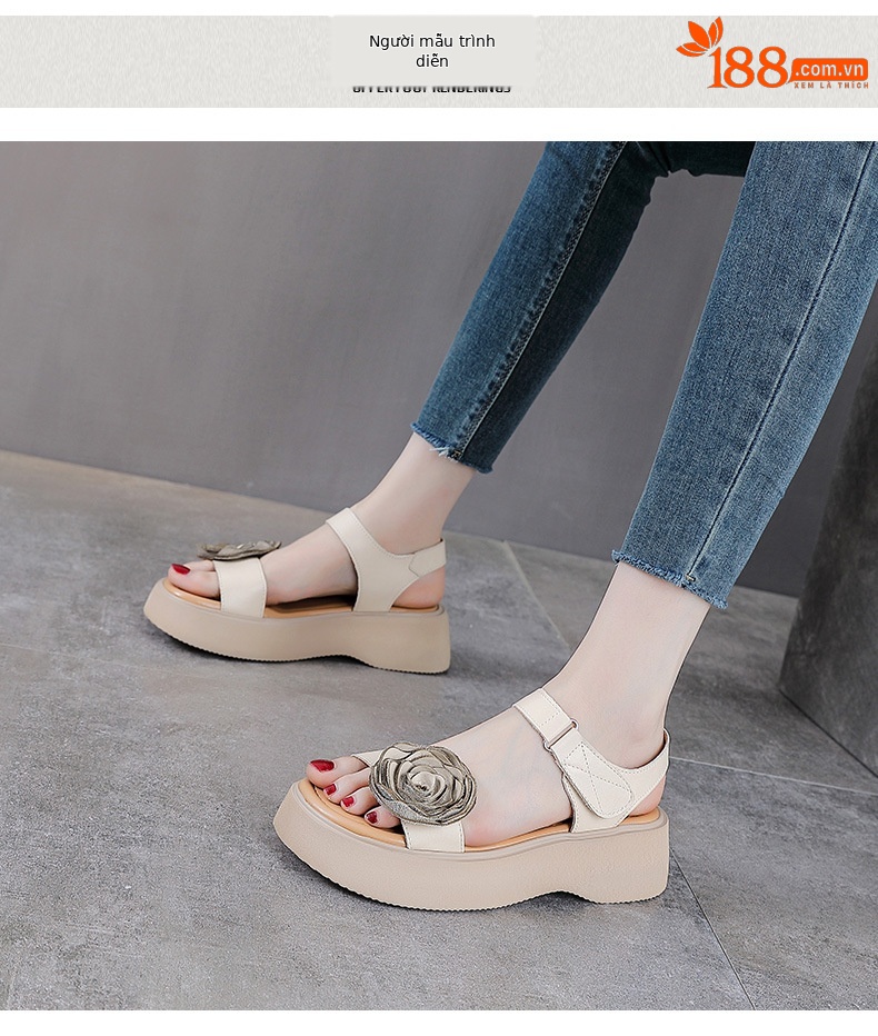 Sandal hở mũi nữ da bò thật đế dày phong cách La Mã cổ điển — Màu trắng be chi tiết 9