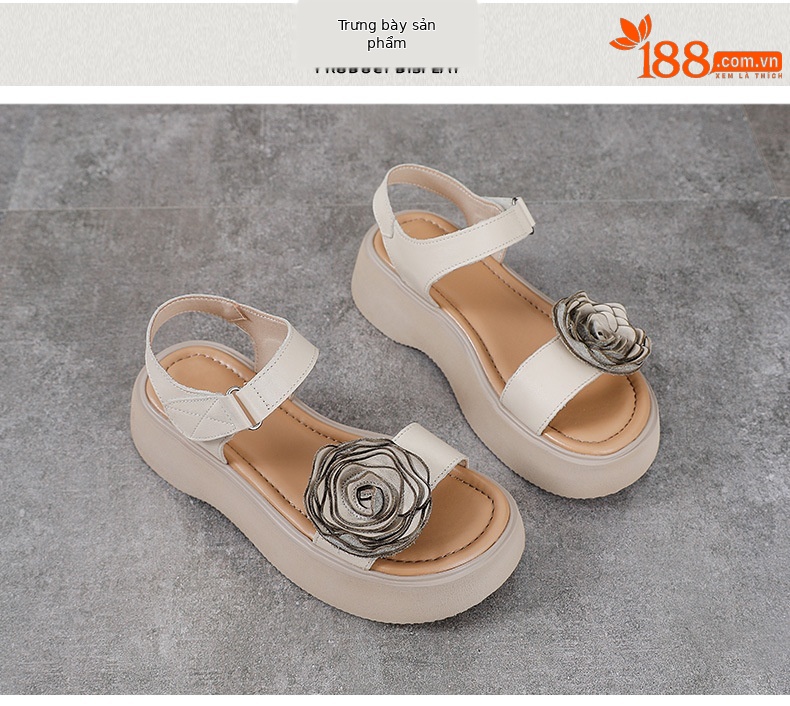 Sandal hở mũi nữ da bò thật đế dày phong cách La Mã cổ điển — Màu trắng be chi tiết 10