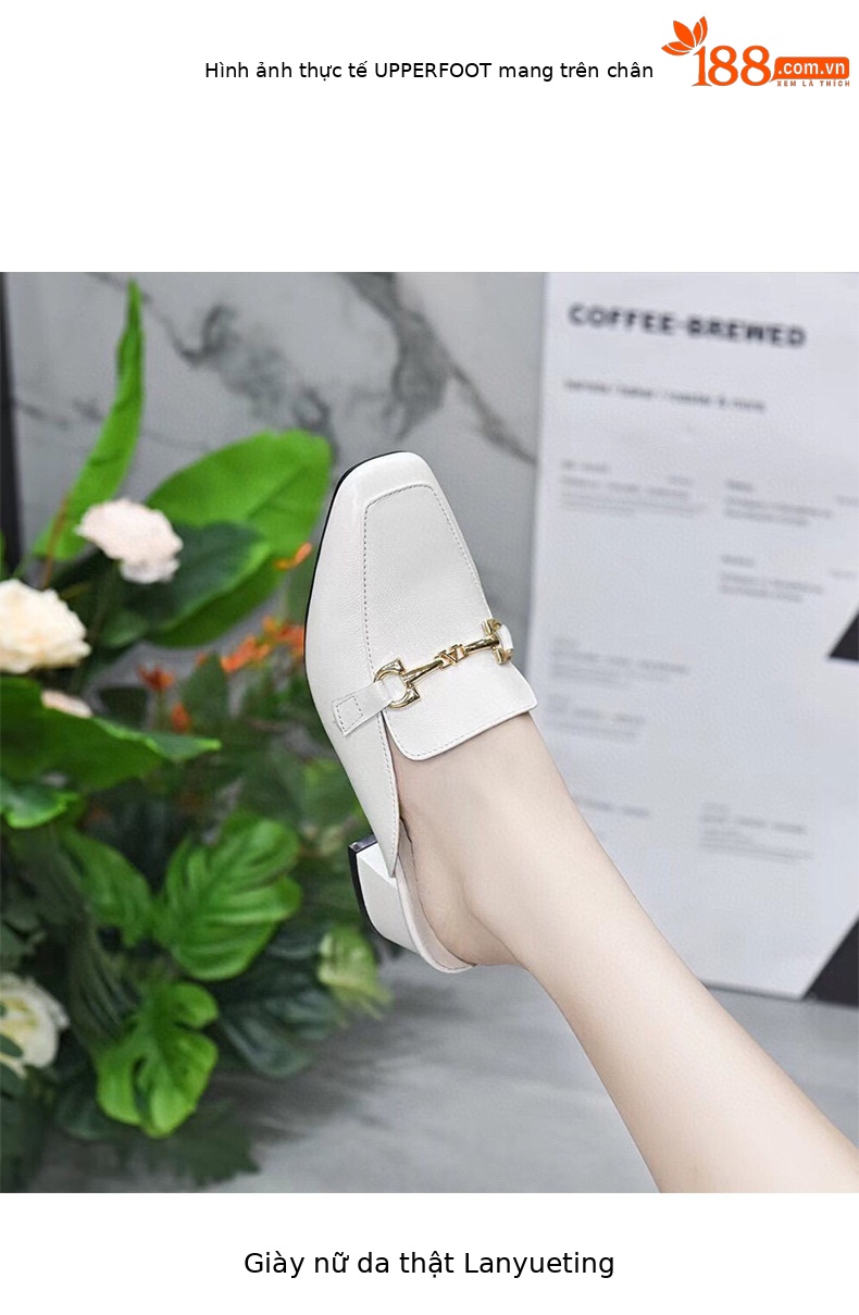 Giày mule nữ da thật mũi vuông gót dày phong cách Anh — Màu trắng nhạt chi tiết 6