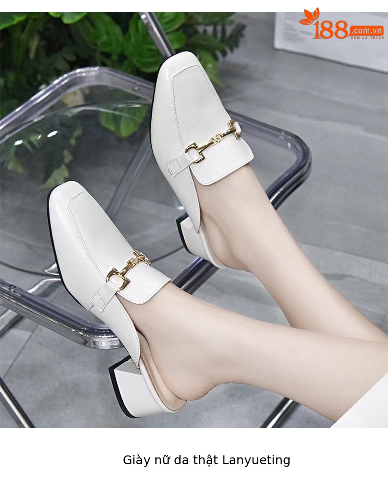 Giày mule nữ da thật mũi vuông gót dày phong cách Anh — Màu trắng nhạt chi tiết 8