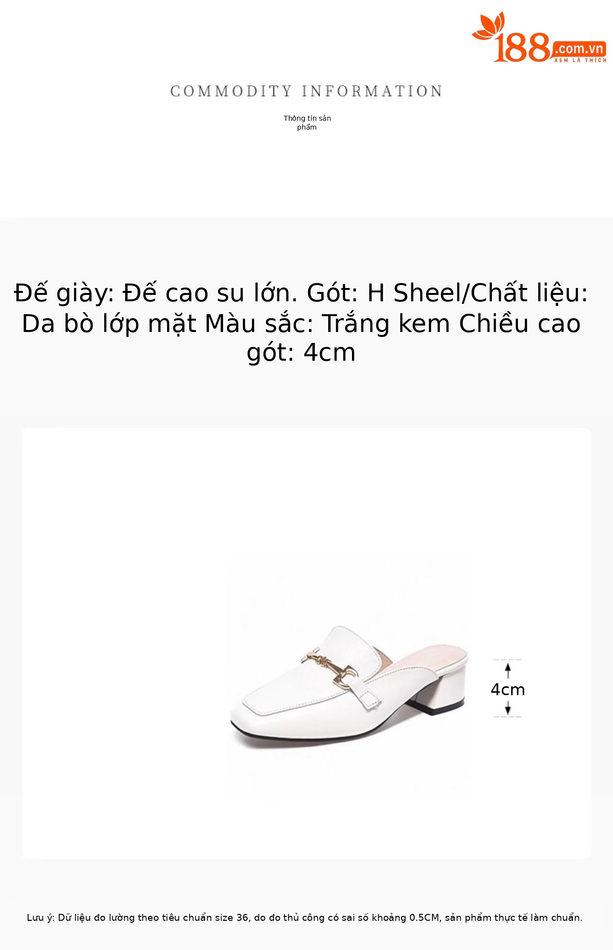 Giày mule nữ da thật mũi vuông gót dày phong cách Anh — Màu trắng nhạt chi tiết 2