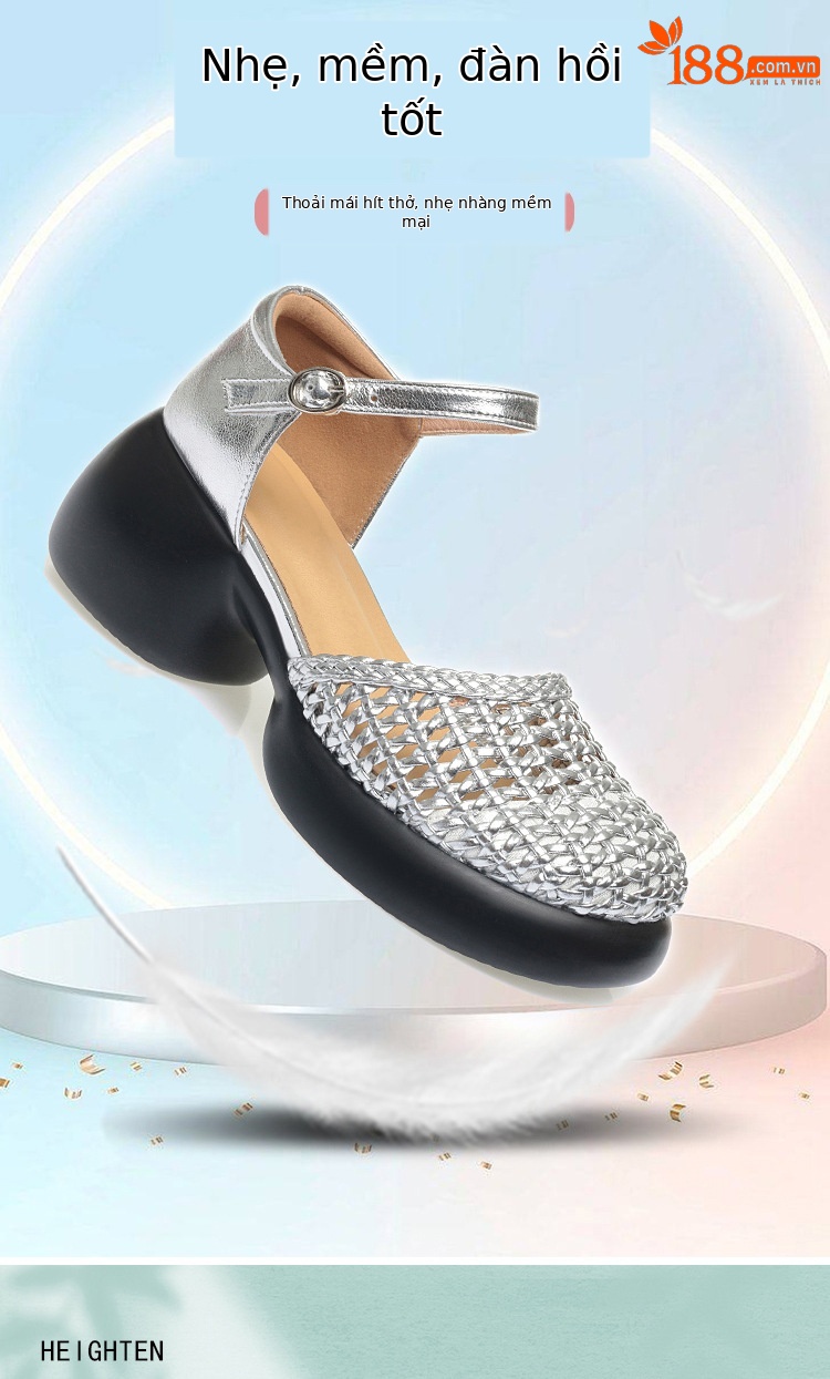 Dép sandal nữ đế xuồng cao gót mũi kín phong cách La Mã — đen chi tiết 2