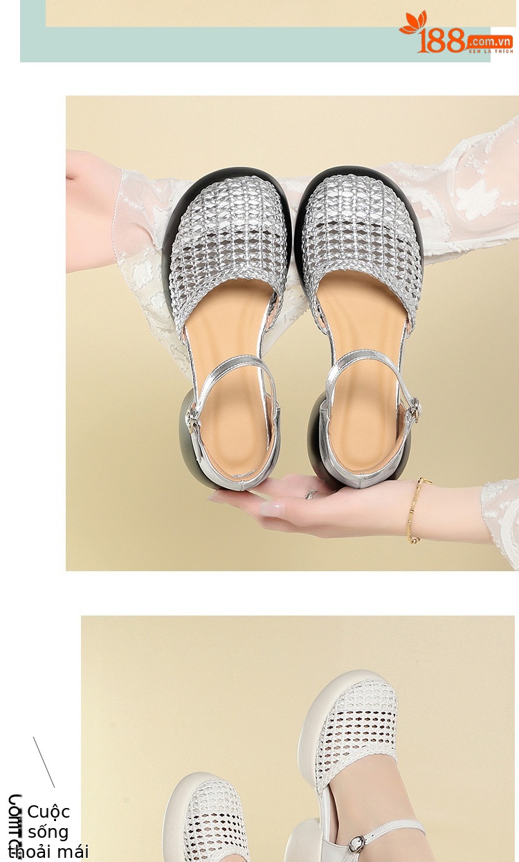 Dép sandal nữ đế xuồng cao gót mũi kín phong cách La Mã — đen chi tiết 12