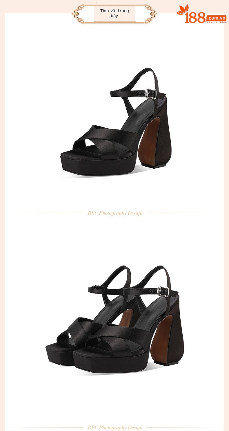 Sandal cao gót nữ hở mũi quai ngang đế platform gót 13 cm — đen chi tiết 2