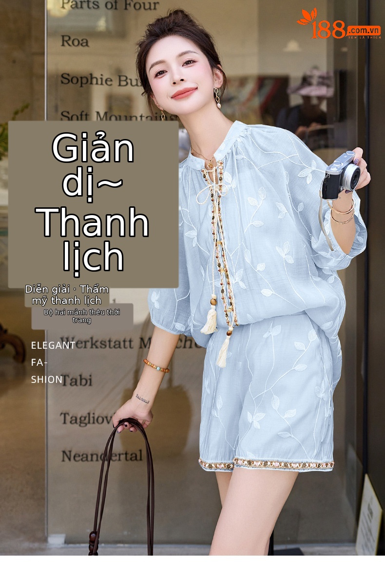 Bộ đồ nữ hè 2025 phong cách Trung Hoa thêu tay áo ngắn tay quần short — Màu xanh lam nhạt, Màu trắng be, Màu vàng nhạt chi tiết 1