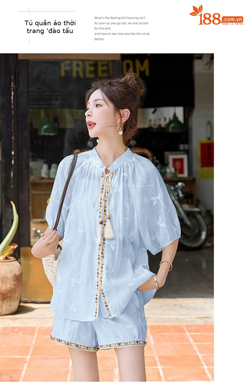 Bộ đồ nữ hè 2025 phong cách Trung Hoa thêu tay áo ngắn tay quần short — Màu xanh lam nhạt, Màu trắng be, Màu vàng nhạt chi tiết 17