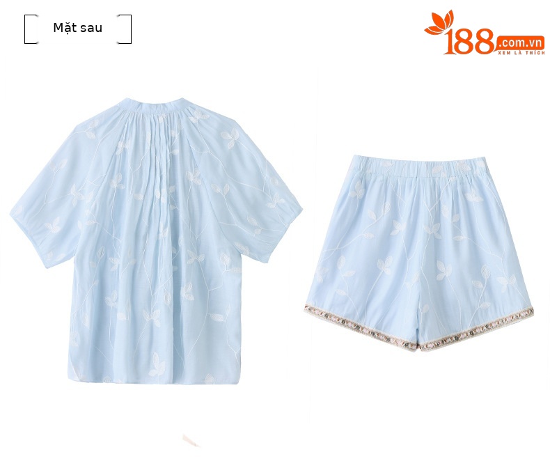 Bộ đồ nữ hè 2025 phong cách Trung Hoa thêu tay áo ngắn tay quần short — Màu xanh lam nhạt, Màu trắng be, Màu vàng nhạt chi tiết 30