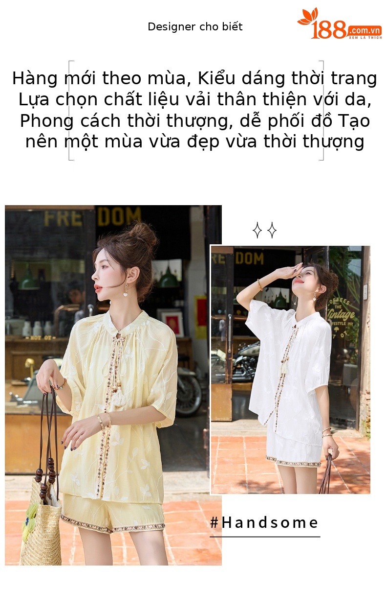 Bộ đồ nữ hè 2025 phong cách Trung Hoa thêu tay áo ngắn tay quần short — Màu xanh lam nhạt, Màu trắng be, Màu vàng nhạt chi tiết 2
