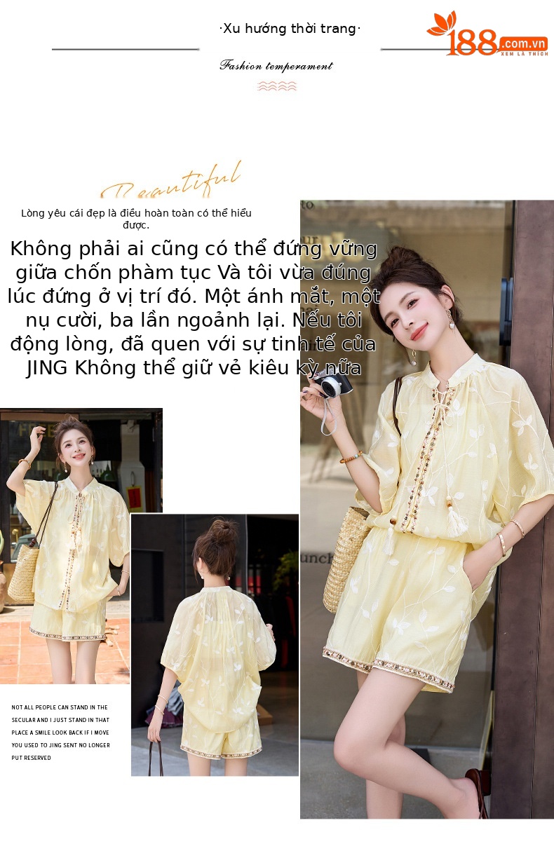 Bộ đồ nữ hè 2025 phong cách Trung Hoa thêu tay áo ngắn tay quần short — Màu xanh lam nhạt, Màu trắng be, Màu vàng nhạt chi tiết 3