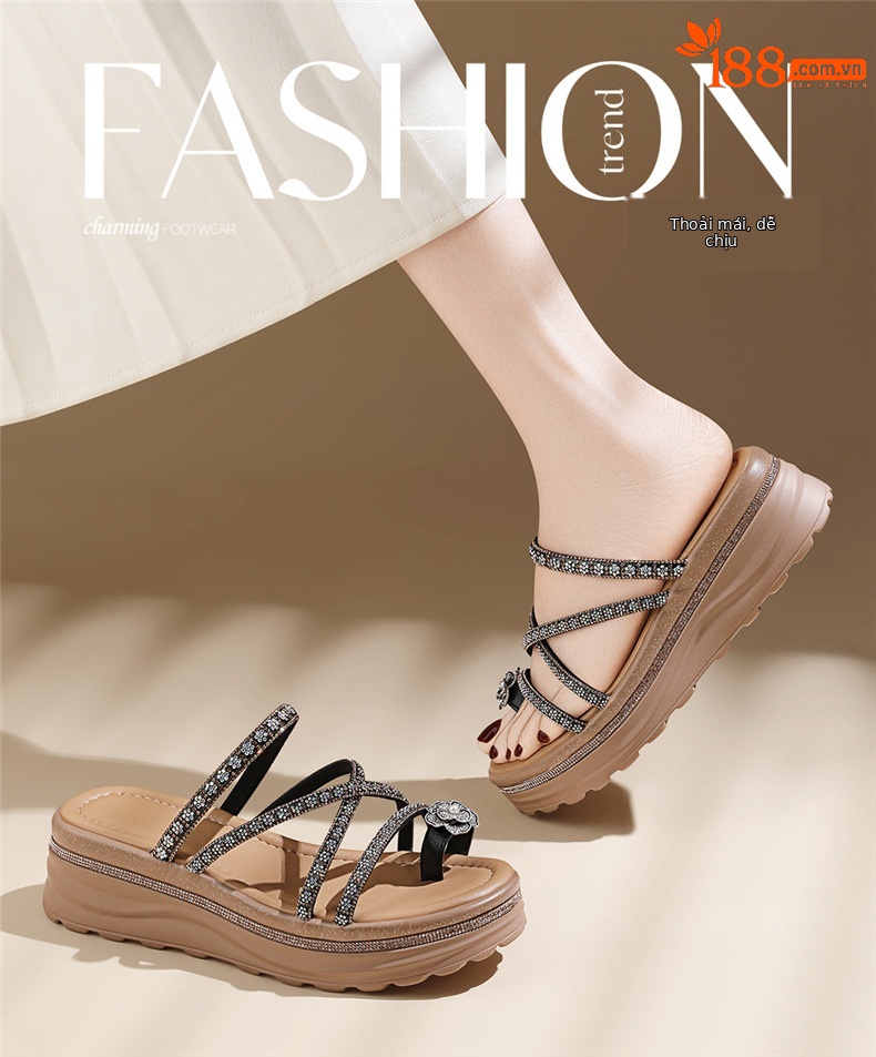 Dép sandal nữ xỏ ngón đế xuồng đính đá rhinestone phong cách Pháp La Mã — 7247 Màu đen, 7247 màu be chi tiết 1