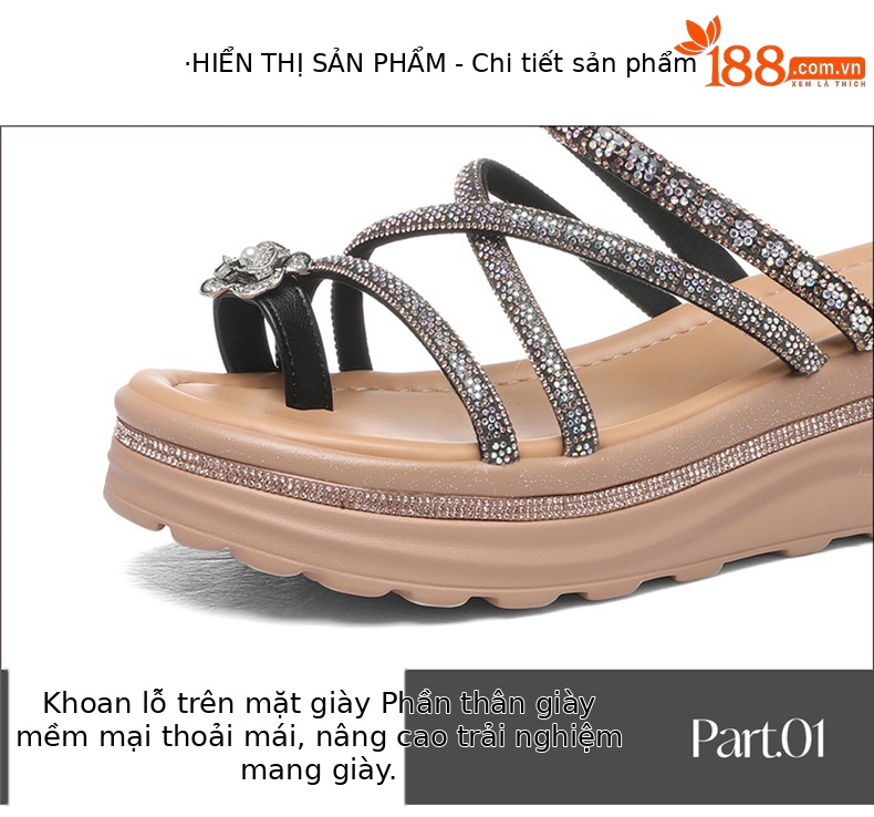 Dép sandal nữ xỏ ngón đế xuồng đính đá rhinestone phong cách Pháp La Mã — 7247 Màu đen, 7247 màu be chi tiết 15