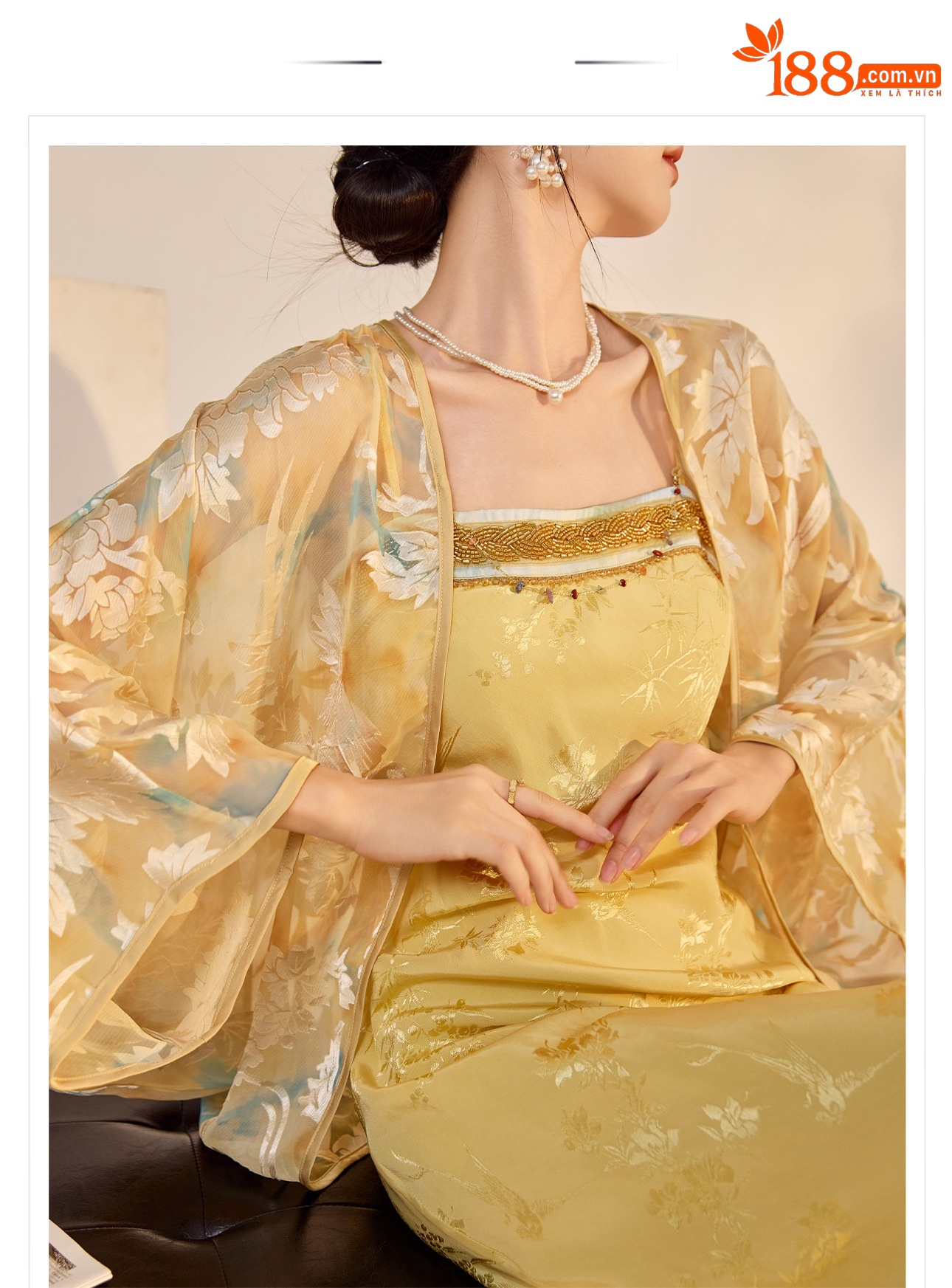 Bộ áo khoác cardigan thêu và váy hai dây phong cách retro mùa hè — Áo vàng chanh, Váy hai dây chi tiết 1