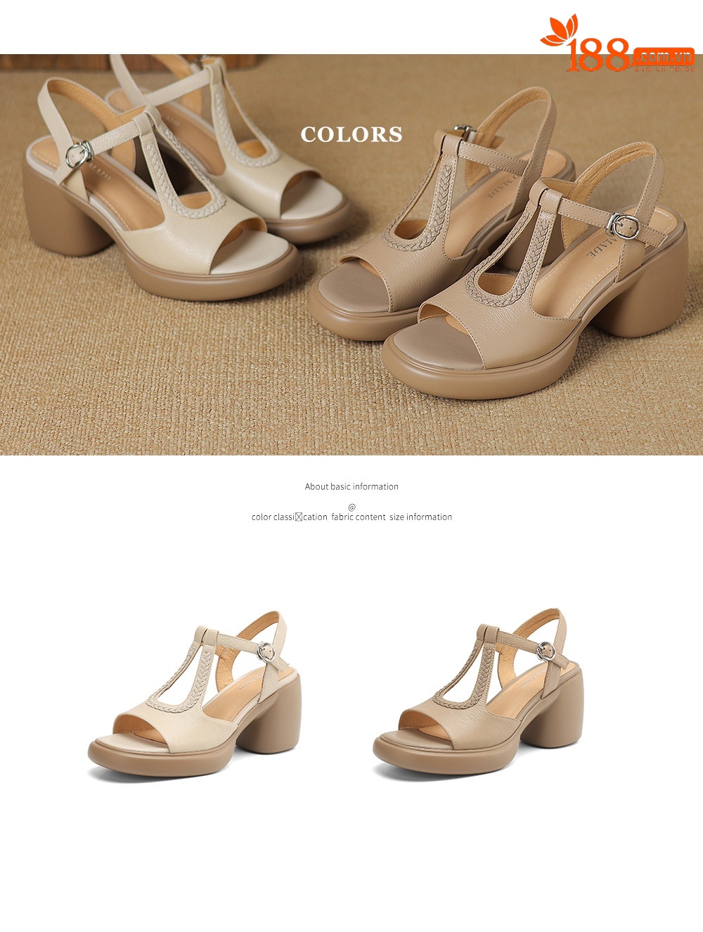 Sandal cao gót nữ phong cách La Mã, gót 8 cm, đế dày, da cừu mềm — Màu trắng be chi tiết 5