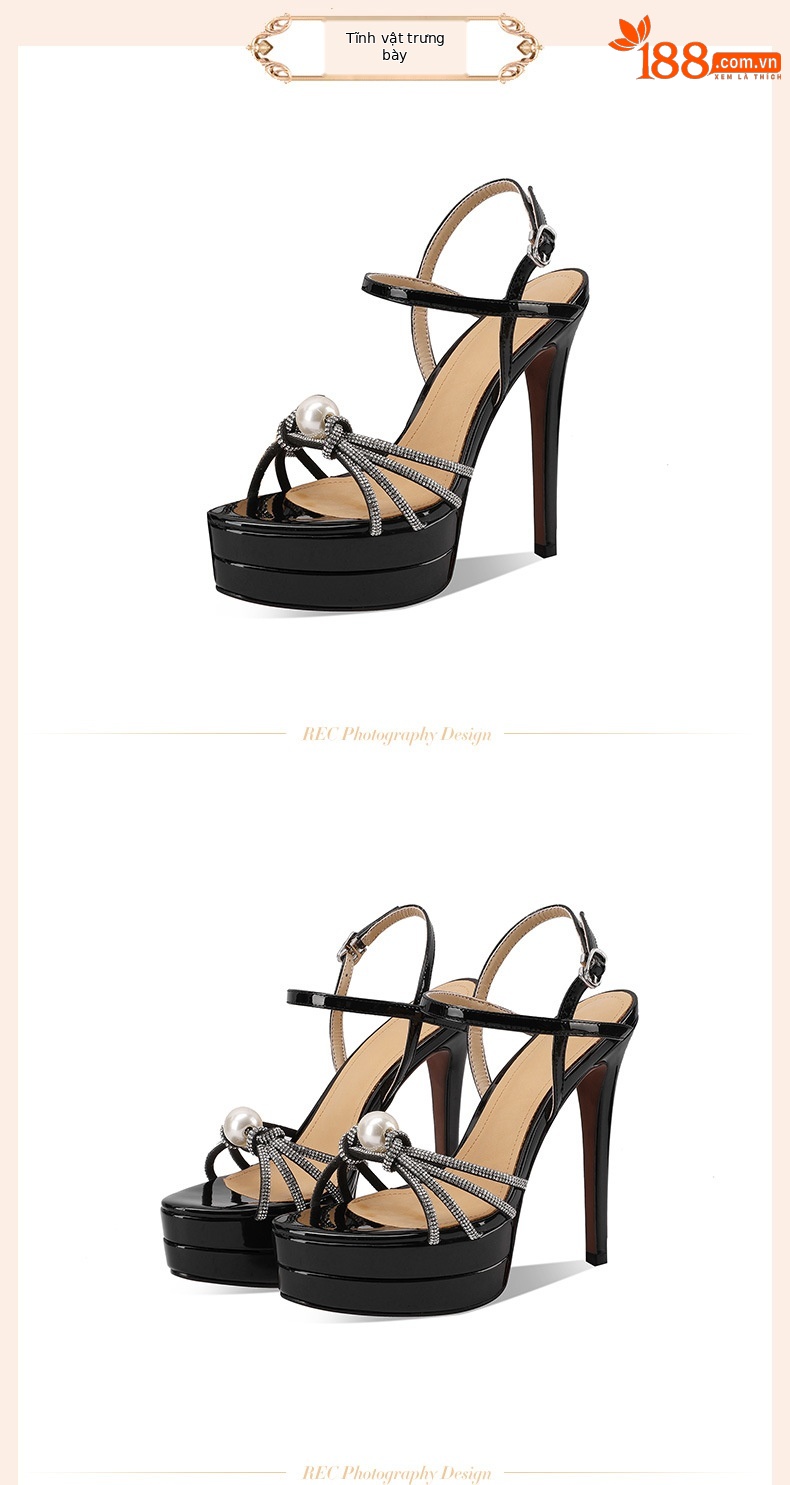 Sandal cao gót nữ đính đá quai ngang hở mũi gót siêu cao 12 cm — đen chi tiết 2