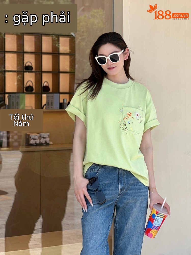 Áo thun nữ cổ tròn thêu tay ngắn phong cách thời trang — màu xanh nhạt