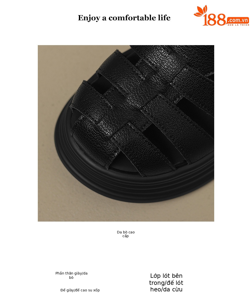 Sandal La Mã đế rỗng dệt mũi kín da thật gót cao 9 cm — đen chi tiết 3