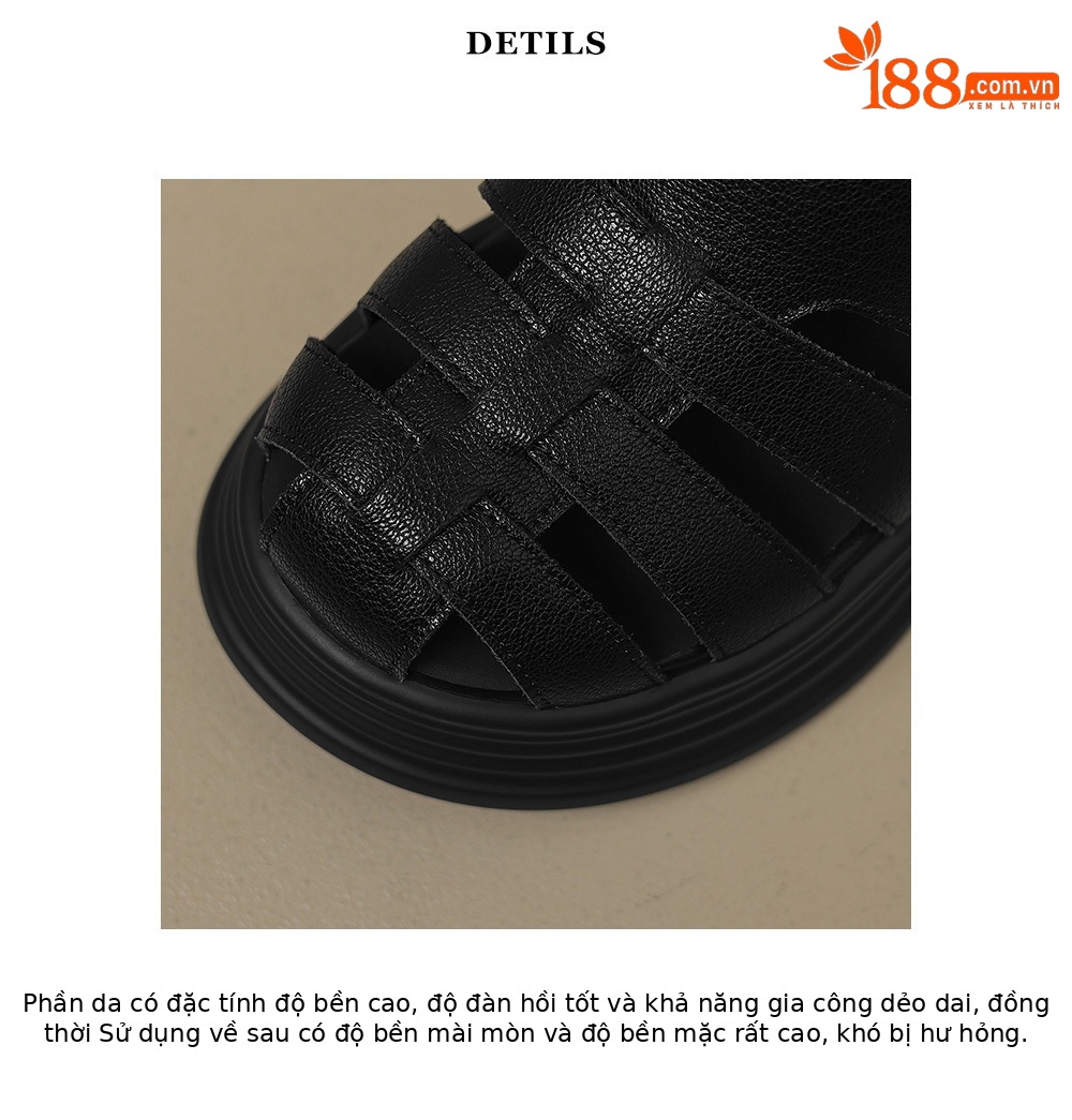 Sandal La Mã đế rỗng dệt mũi kín da thật gót cao 9 cm — đen chi tiết 17