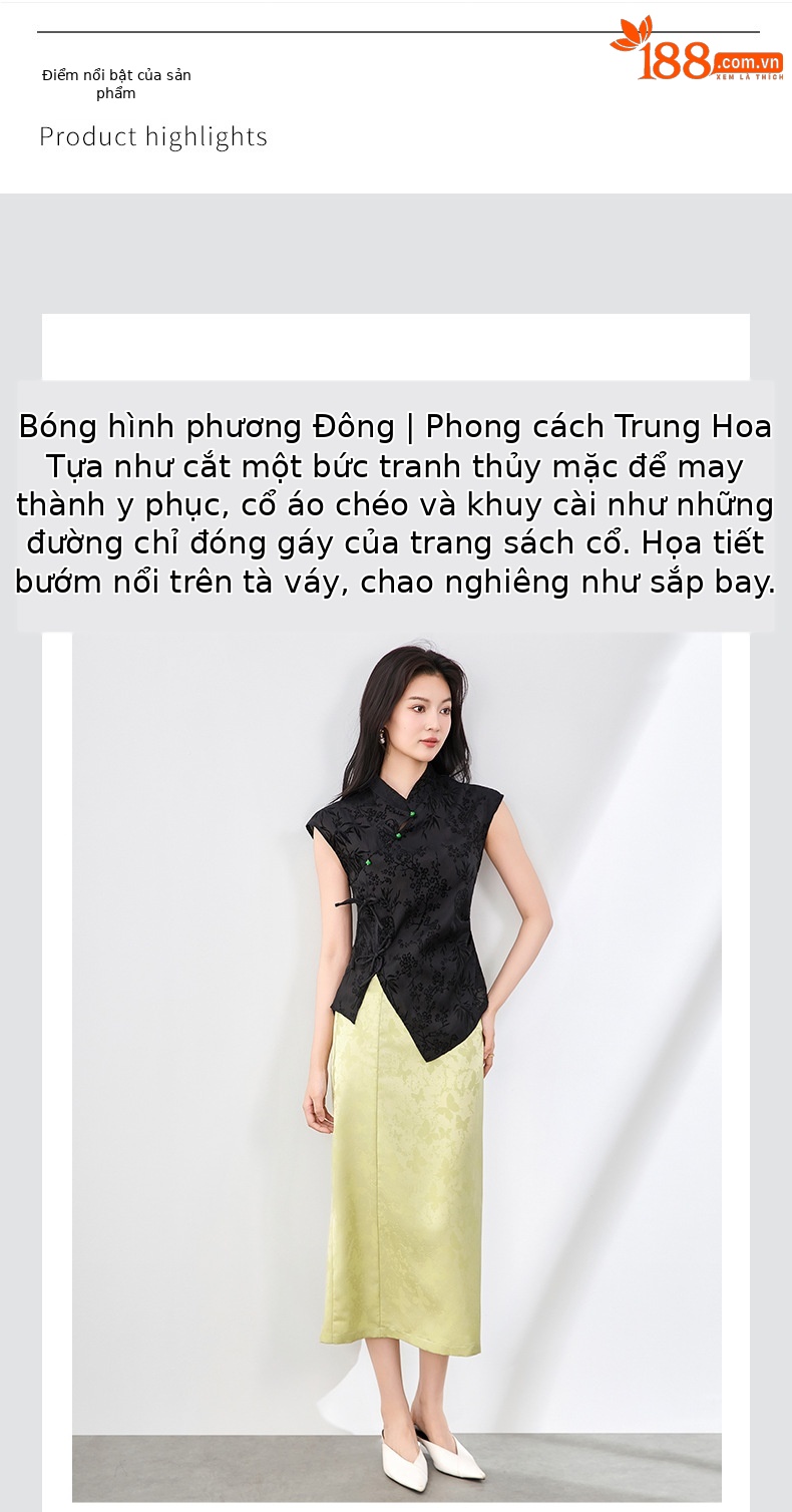 Bộ áo cài cúc chéo phong cách Trung Quốc kết hợp chân váy hoa nổi hai mảnh mùa hè — Màu đen chi tiết 4