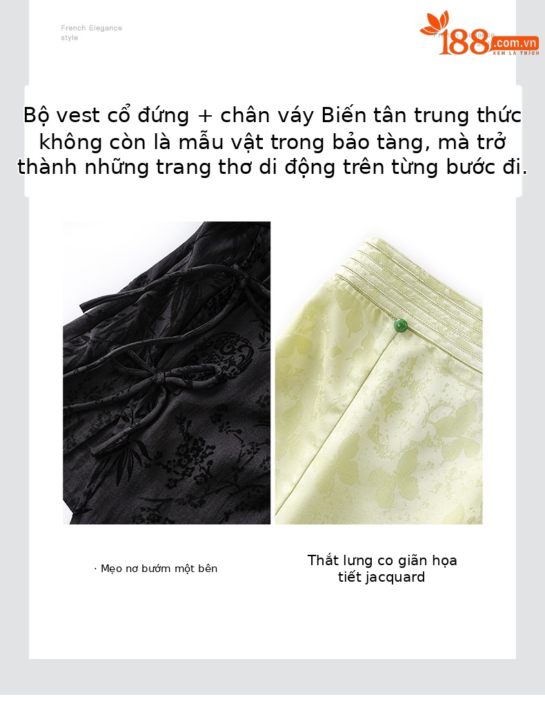 Bộ áo cài cúc chéo phong cách Trung Quốc kết hợp chân váy hoa nổi hai mảnh mùa hè — Màu đen chi tiết 5