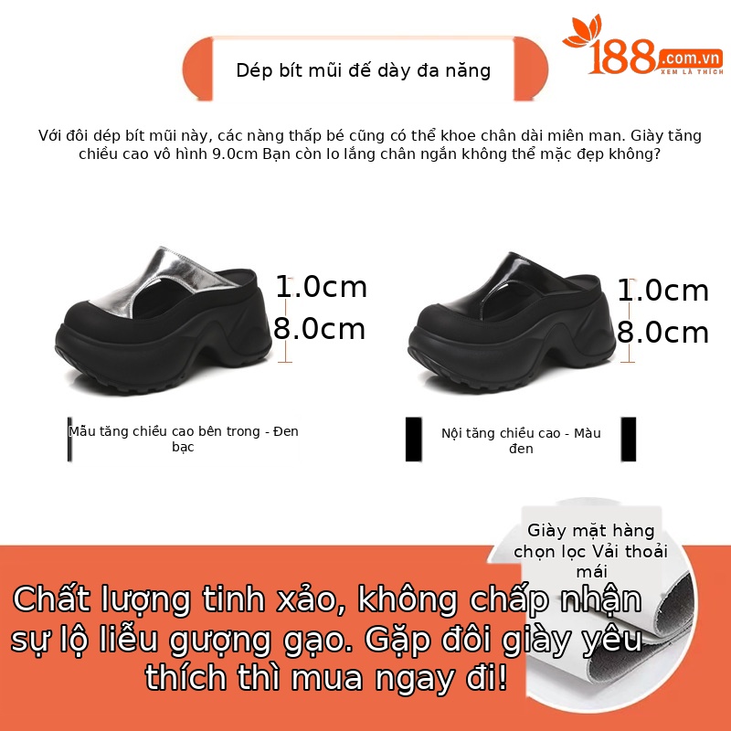 Dép lê bít mũi đục lỗ đế dày tăng chiều cao HS7780-15 nữ giày lười xỏ chân mùa hè 2025 — Màu đen, Màu đen bạc