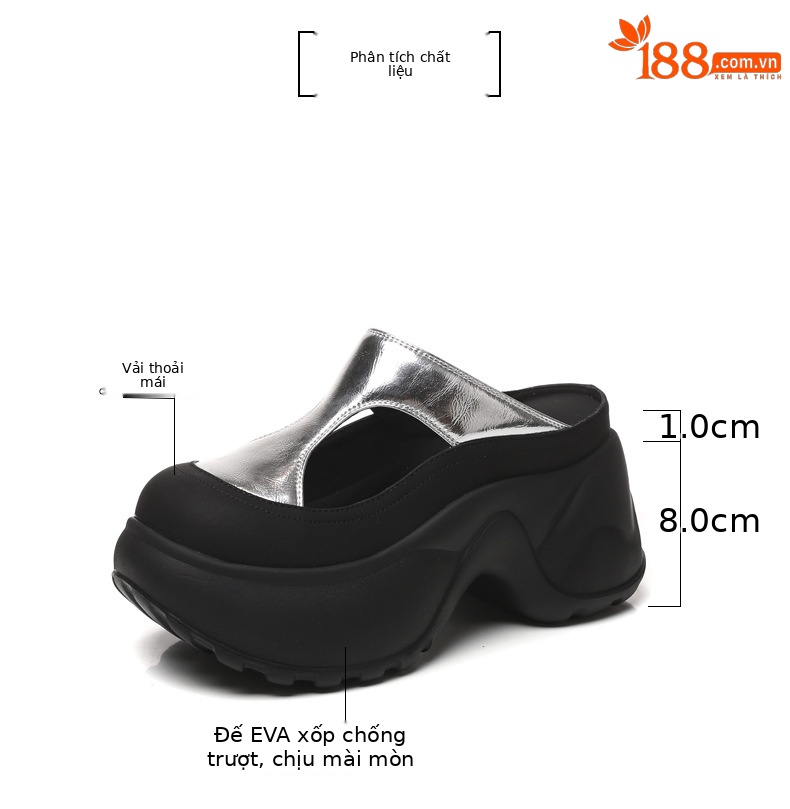 Dép lê bít mũi đục lỗ đế dày tăng chiều cao HS7780-15 nữ giày lười xỏ chân mùa hè 2025 — Màu đen, Màu đen bạc chi tiết 3