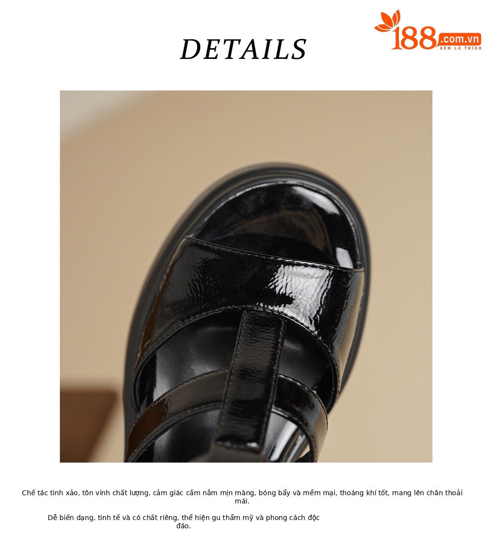 Sandal nữ hở mũi đế dày cao gót da thật quai chữ T kiểu La Mã dệt kim — Màu đen chi tiết 14