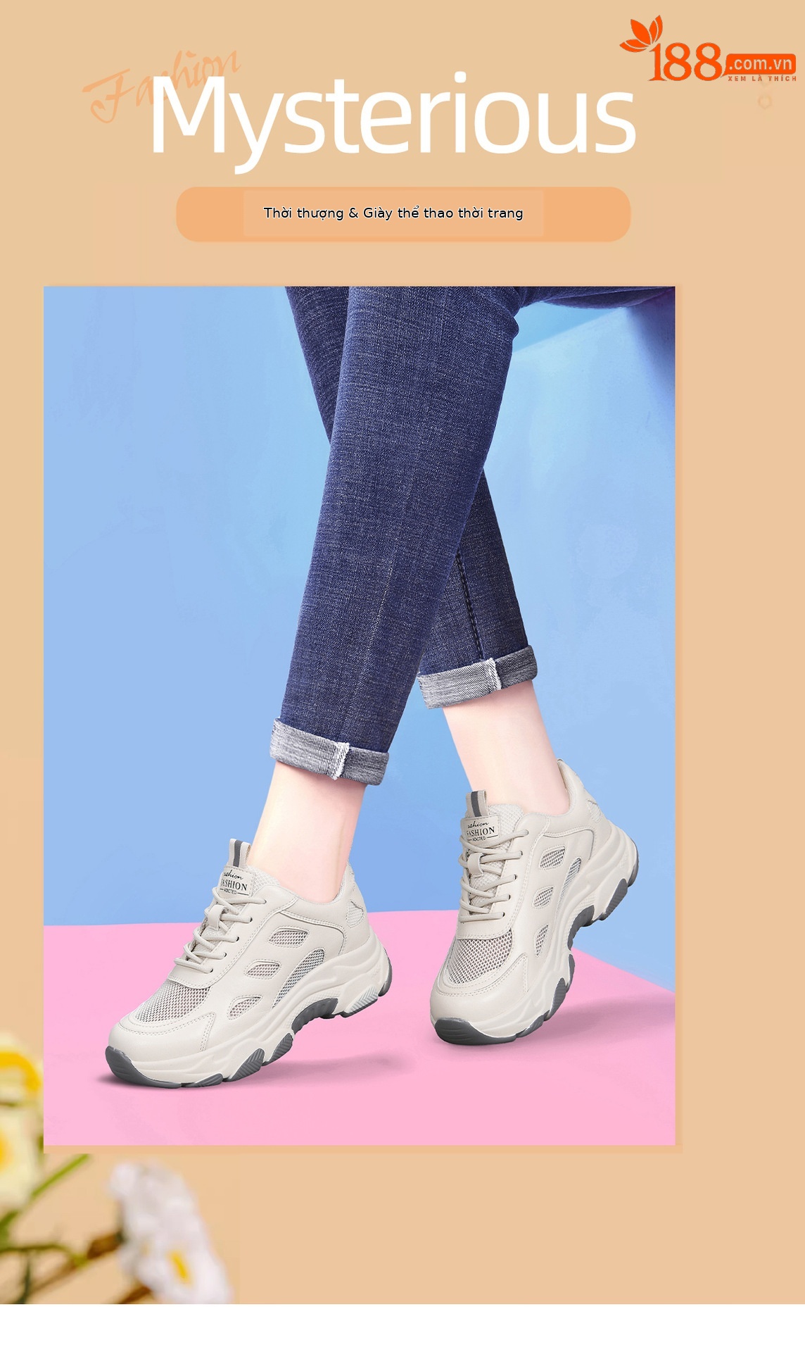Giày sneaker nữ đế dày phối quần ống rộng, giày thể thao lưới thoáng khí mùa hè — DH 58623 Trắng, DH 58623m màu xám chi tiết 1