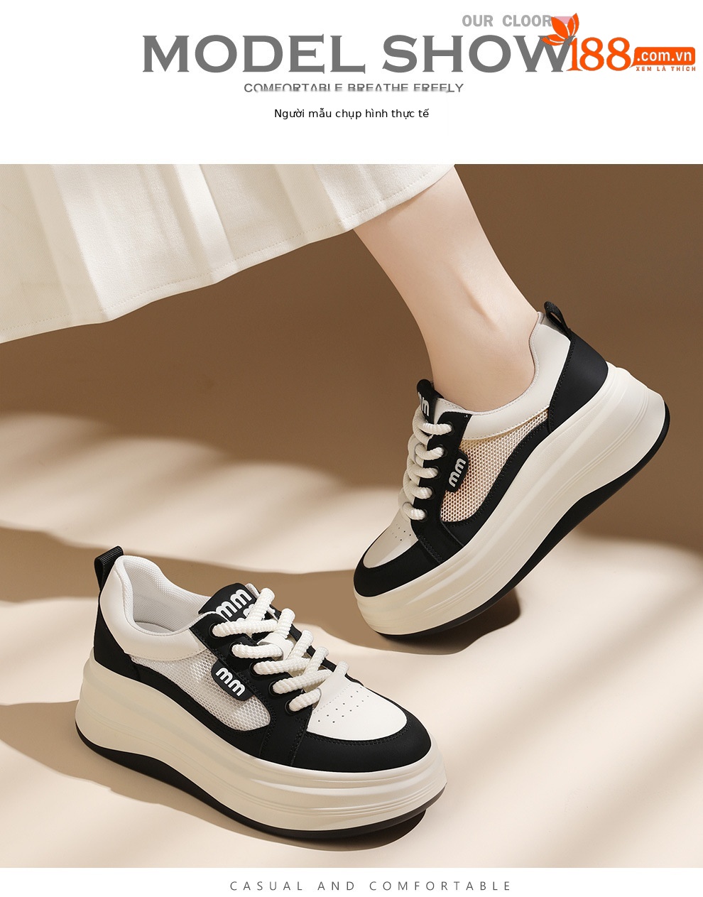 Giày sneaker nữ đế xuồng lưới thoáng khí, đế dày mềm, thời trang đa năng — JST 1802-1 màu đen, JST 1832-1 màu đen, JST 1923 trắng đen, JST 1802- 1m Màu chi tiết 4