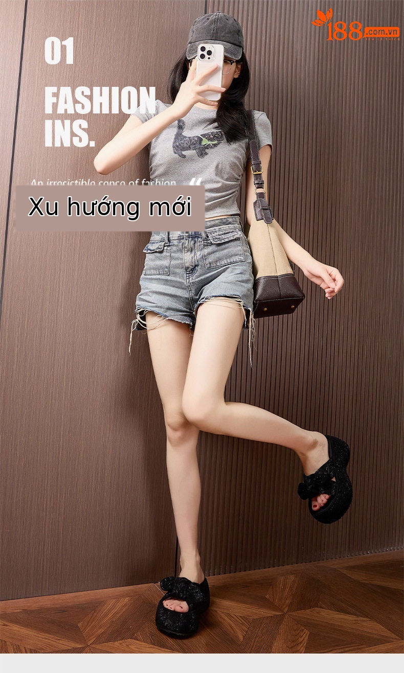 Dép sandal nữ quai chữ V nơ trang trí đế chống trượt mùa hè — Len tinh khiết, Đen chi tiết 2