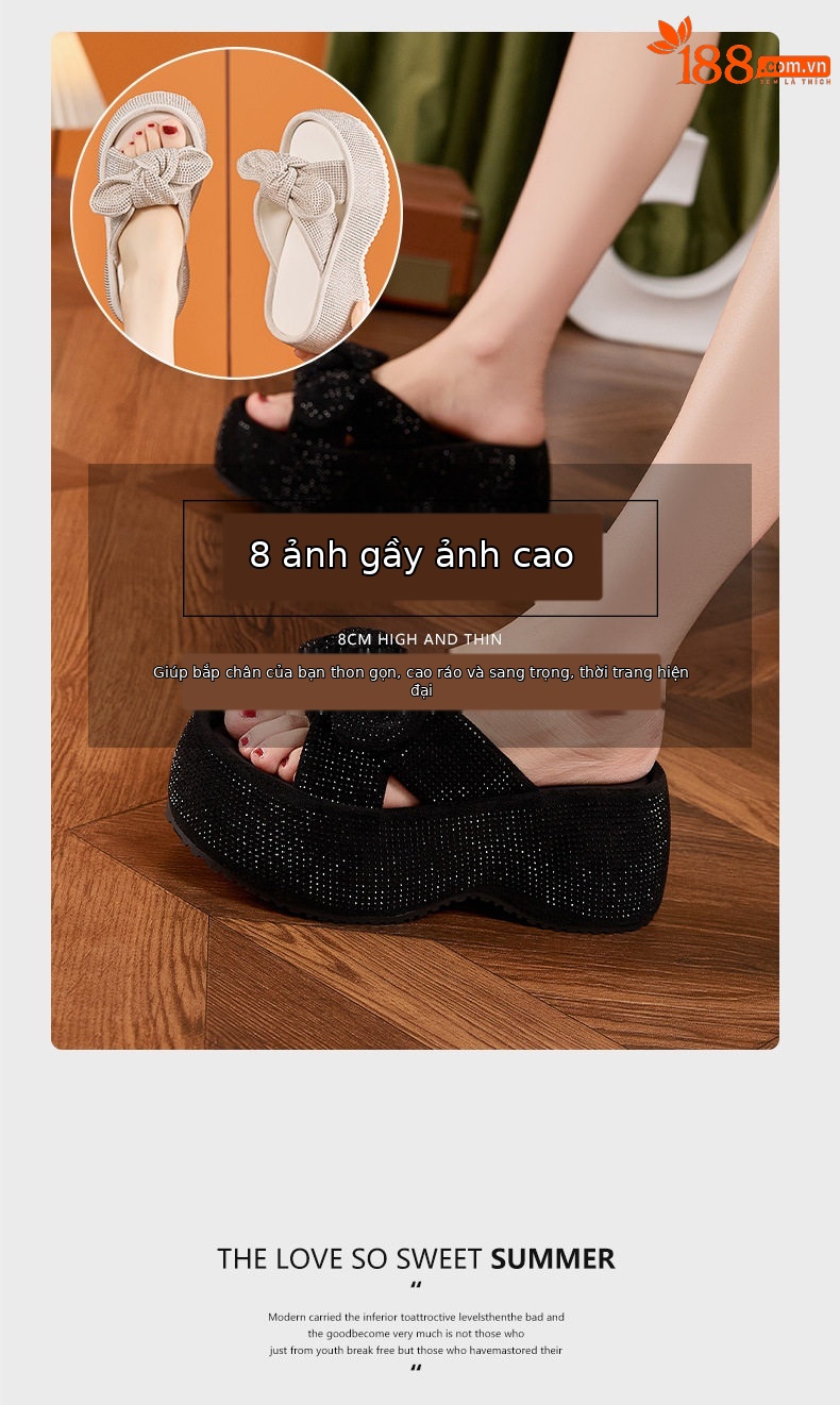 Dép sandal nữ quai chữ V nơ trang trí đế chống trượt mùa hè — Len tinh khiết, Đen chi tiết 9