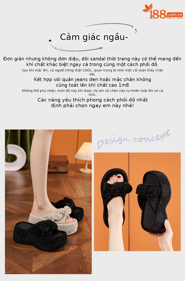 Dép sandal nữ quai chữ V nơ trang trí đế chống trượt mùa hè — Len tinh khiết, Đen chi tiết 4